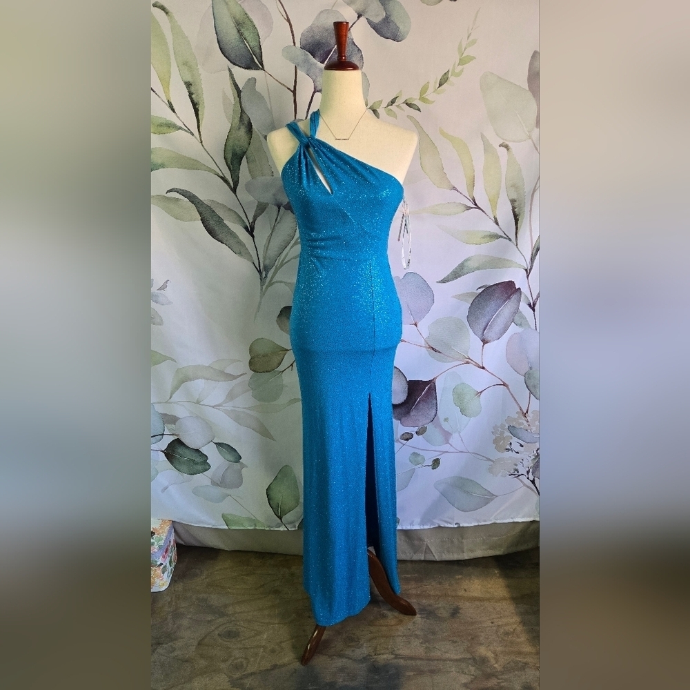 JULES & CLEO | One-Shoulder Glitter Sheath Dress in Bahama Blue sz 2